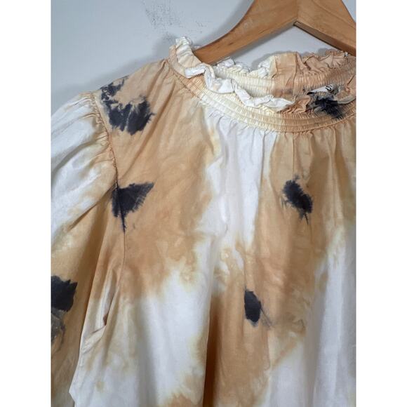 SEA New York Tamara White Cream Tie Dye Long Puff Sleeve Mock Neck Blouse Medium - Picture 2 of 8